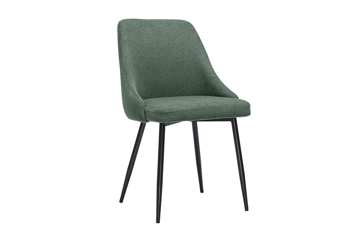 Stuhl aus olivgr�nem Chenille-Stoff mit schwarzem Metallgestell, 3/4-Ansicht.
