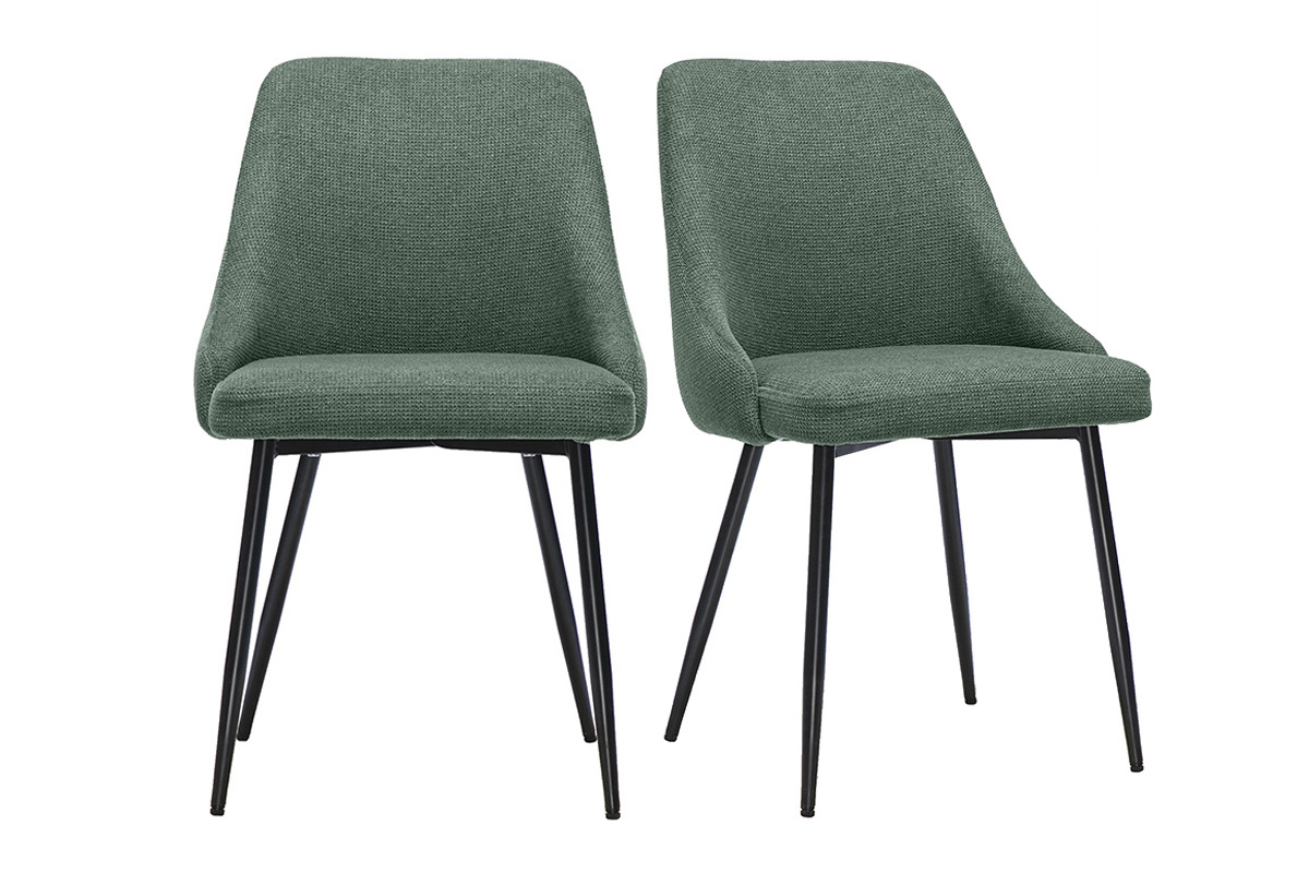 Set aus 2 St�hlen aus olivgr�nem Chenille-Stoff und schwarzem Metall, Vorderansicht.