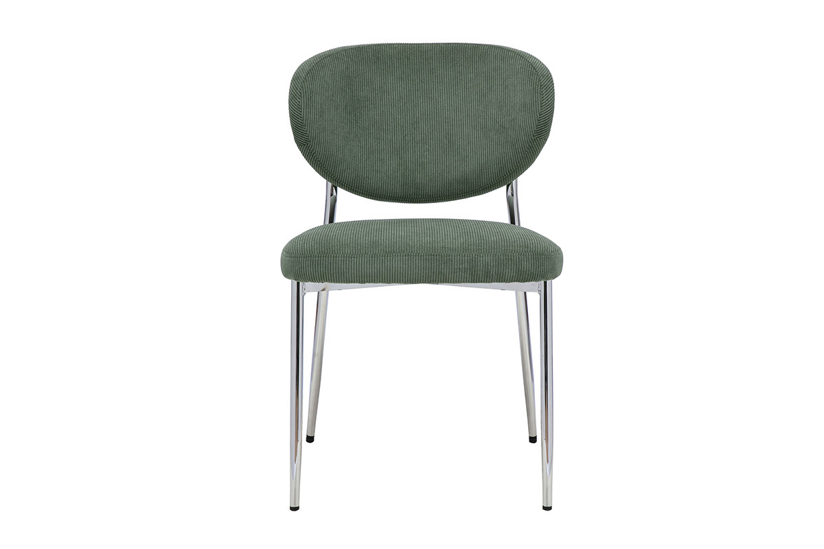 Stuhl aus gr�n-khaki Cordstoff, Frontansicht, verchromtes Metallgestell.