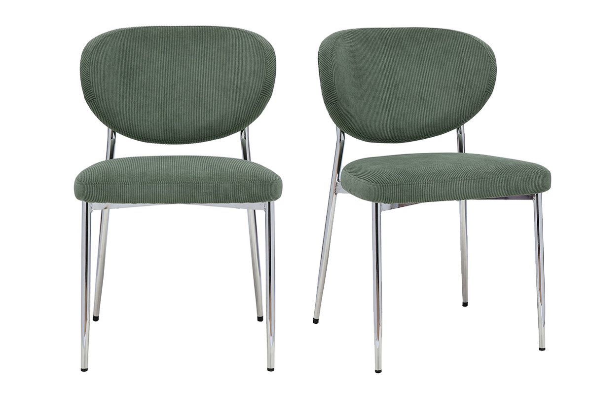 Set aus 2 St�hlen aus gr�nem Cordstoff in Khaki mit verchromtem Metallgestell, Vorderansicht.