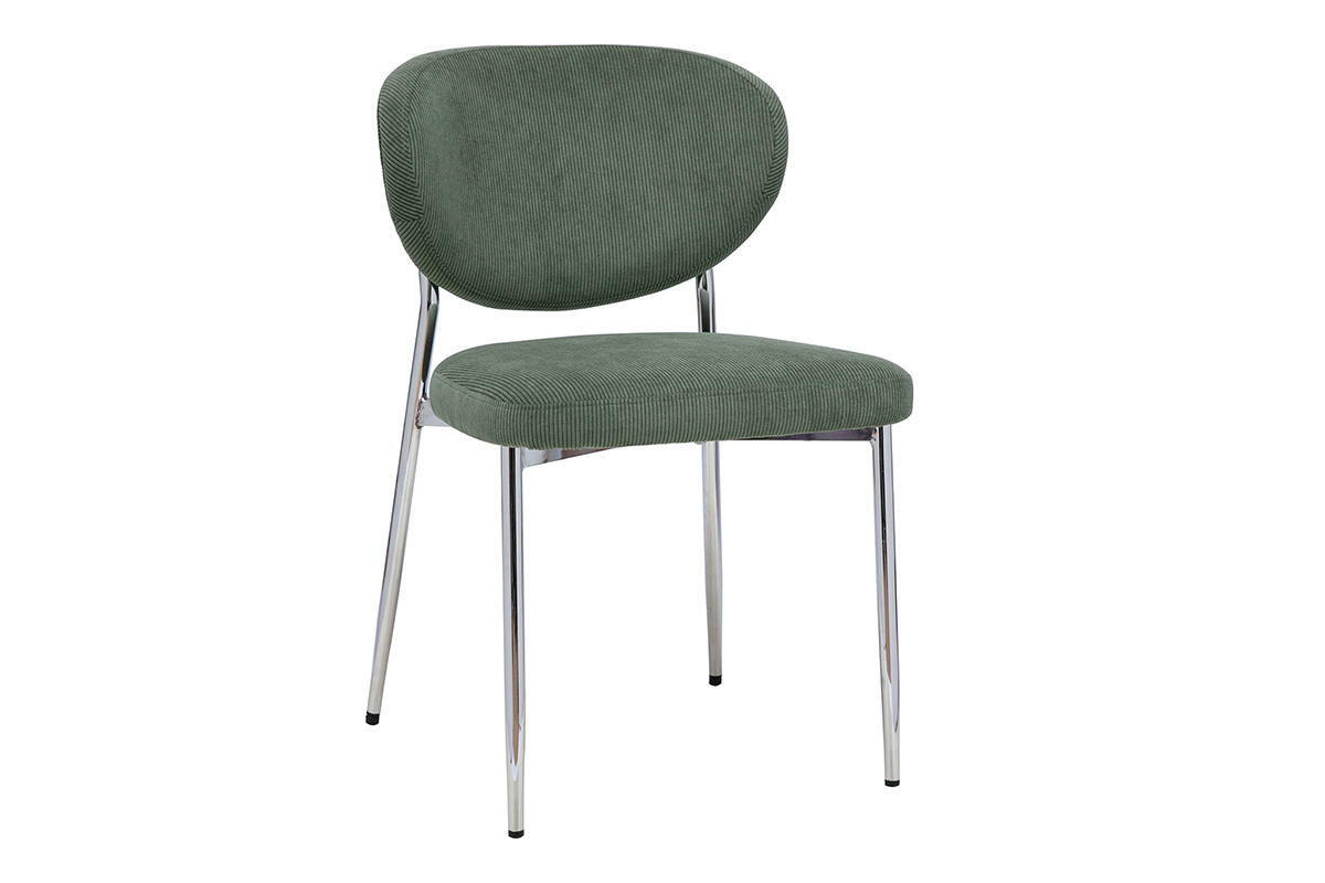 Stuhl aus gr�ner Kordstoff mit khakigr�nem Samtbezug und verchromtem Metallgestell, 3/4-Ansicht