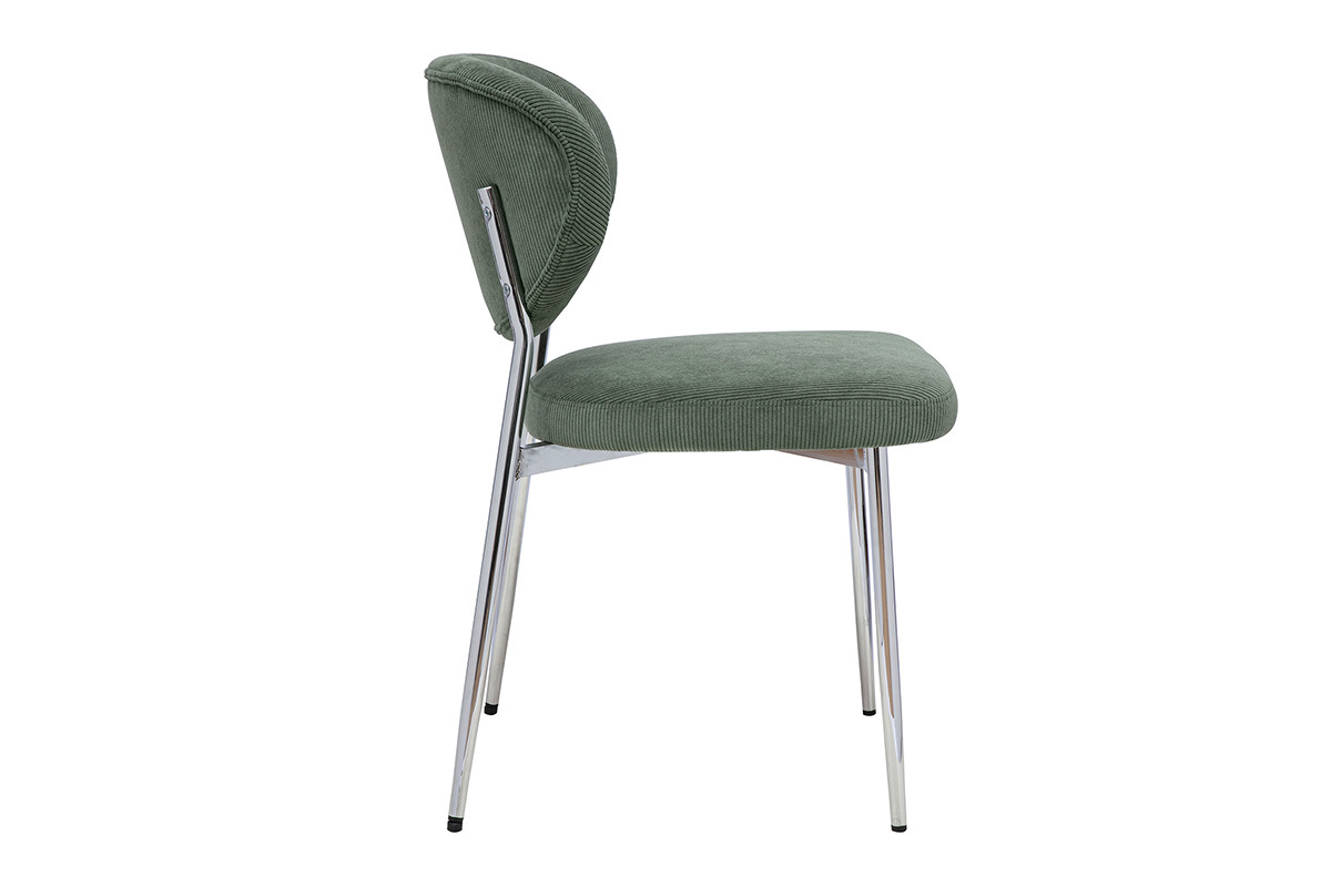 Stuhl aus gr�nem Kordstoff in Khaki, linkes Profil, mit verchromtem Metallgestell.