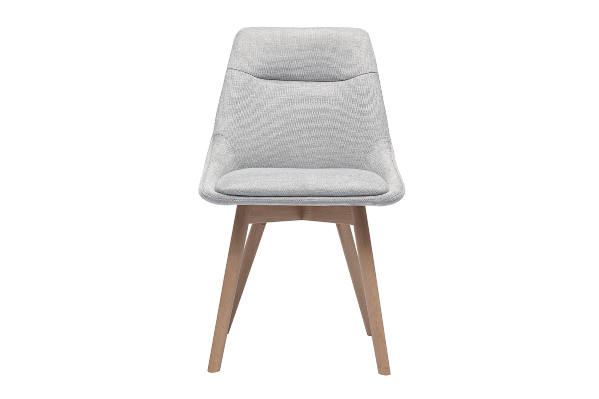 Stuhl aus Stoff mit hellgrauem Samteffekt und hellem Holz, Frontansicht.