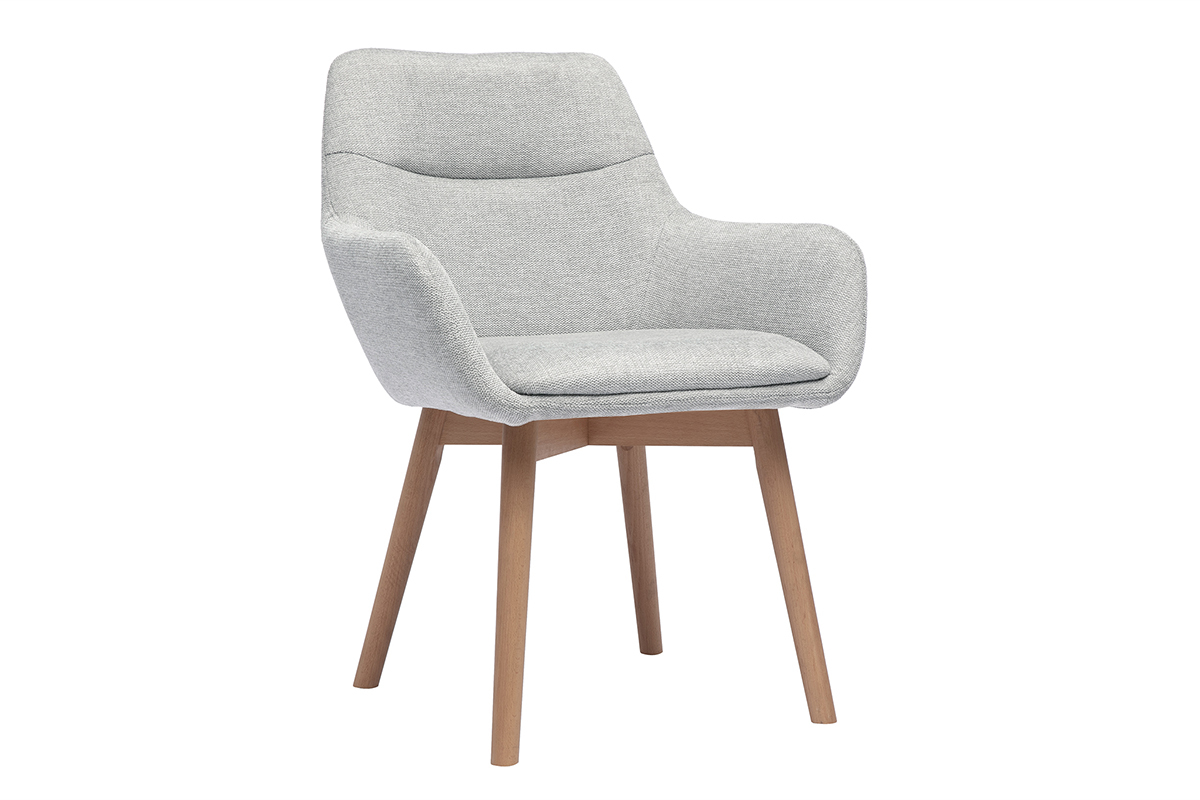 Grauer Stuhl aus Samtstoff mit hellen Holzbeinen, Ansicht von 3/4.