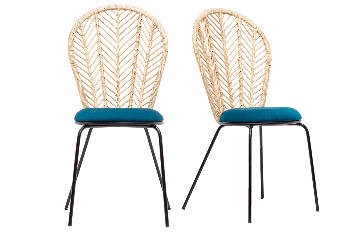 Sthle aus Rattan und petrolblauem Stoff (2er-Satz) PEACOCK
