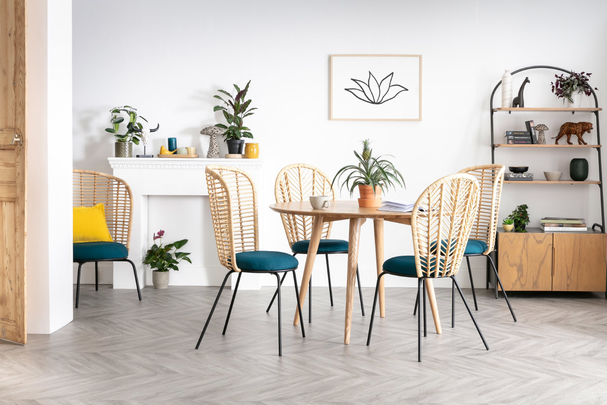 Sthle aus Rattan und petrolblauem Stoff (2er-Satz) PEACOCK