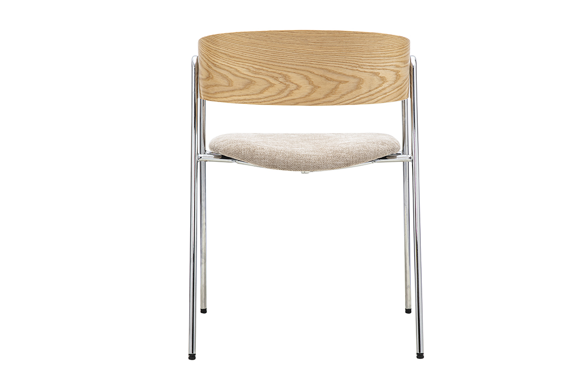Stuhl aus taupefarbenem Stoff mit R�ckenlehne aus hellem Holz und F��en aus verchromtem Metall, R�ckansicht