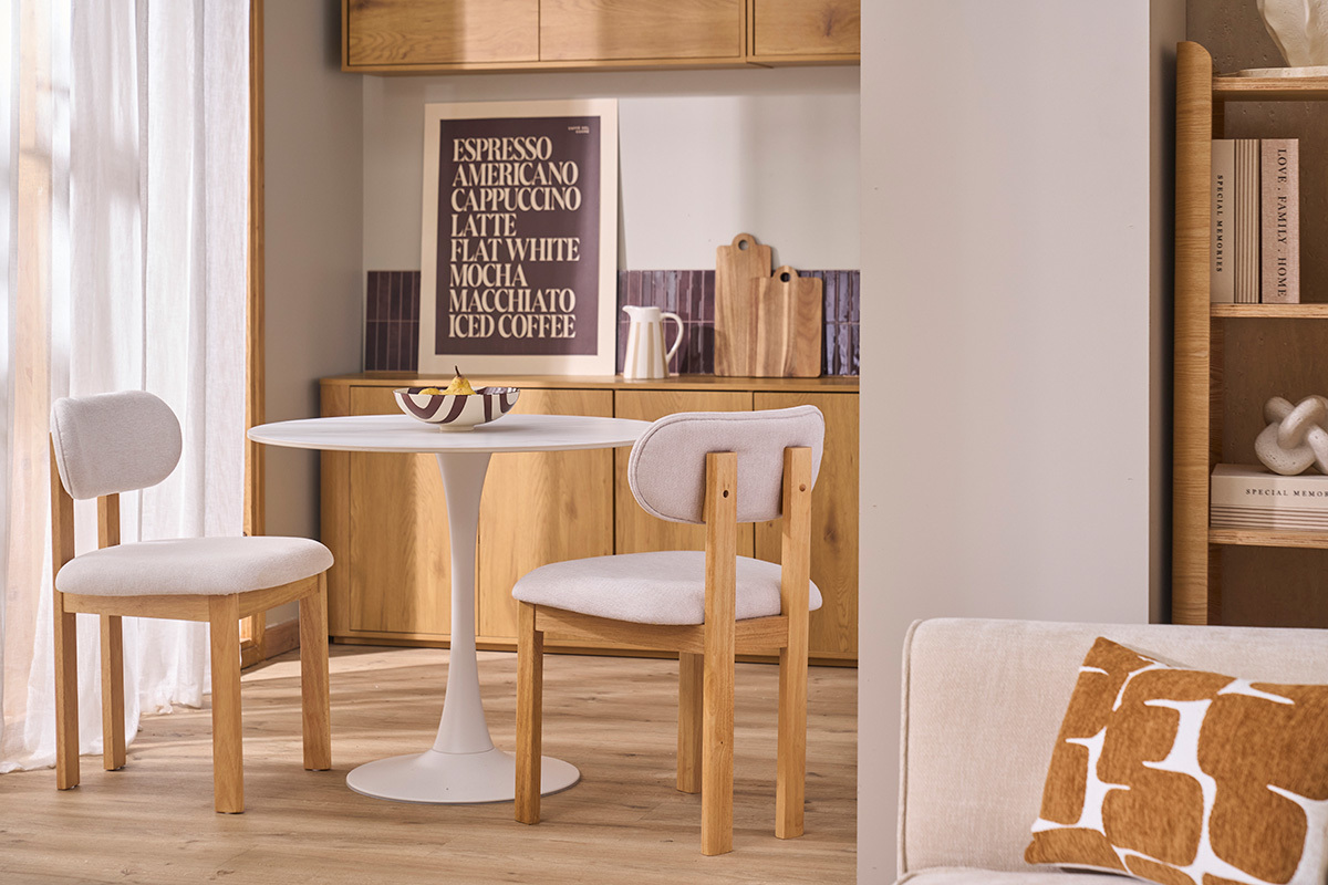 Stuhle aus Stoff in strukturierter Samtoptik beige und helles Eschenholz (Set aus 2) NORMI