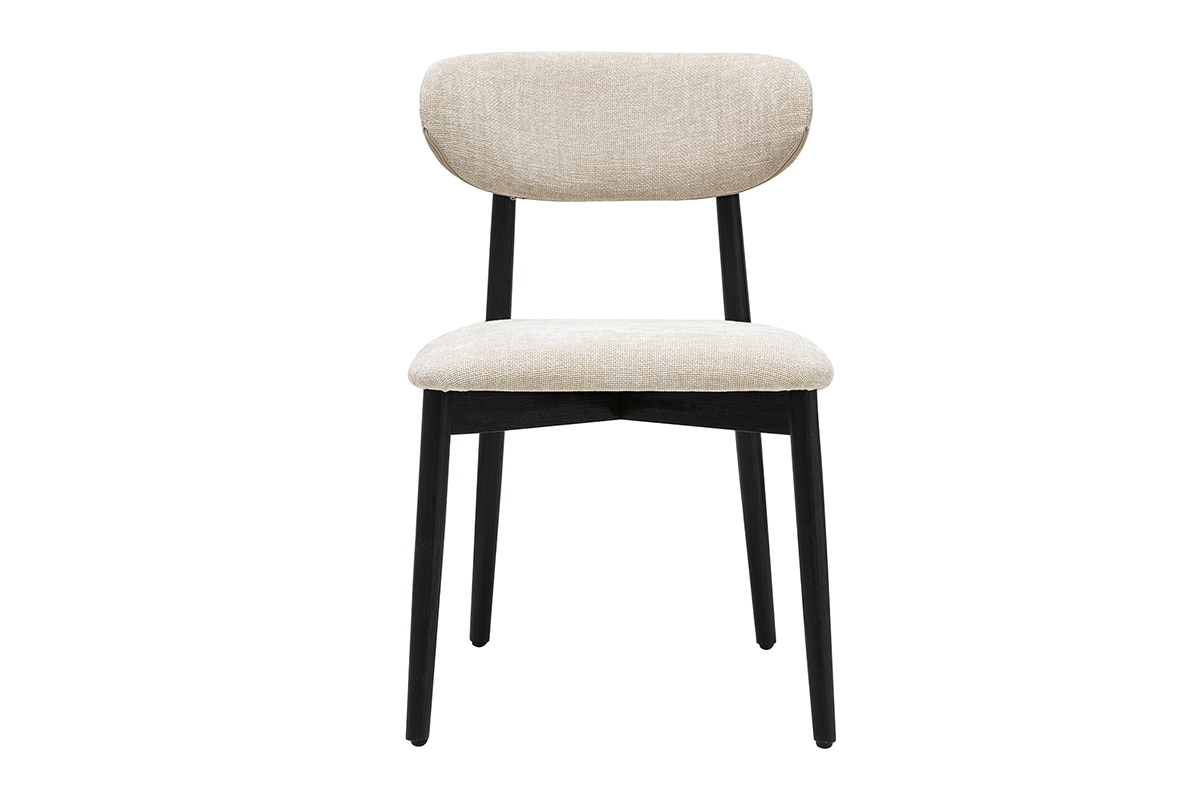 Stuhl SIAME aus beigem Stoff und schwarzem Holz, Vorderansicht, elegantes und kompaktes Design.