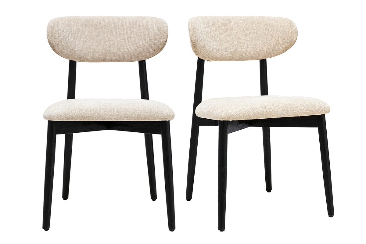 Beige Stoffst�hle in Samtoptik und schwarzem Holz, Frontansicht, 2er-Set