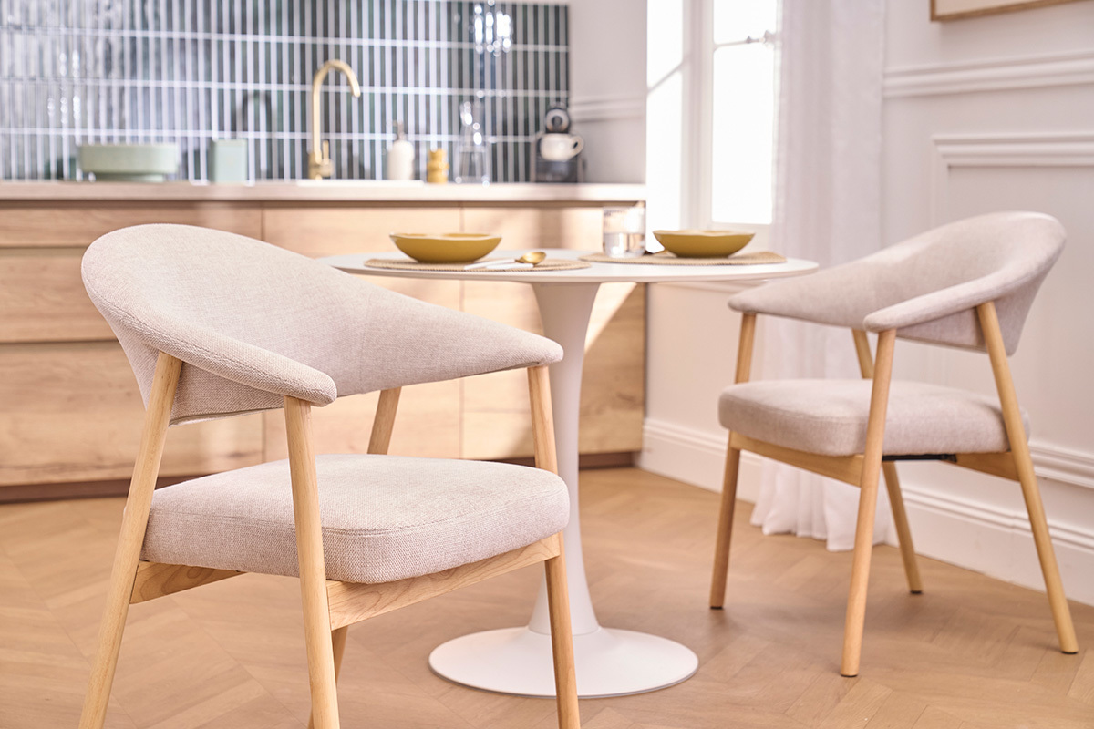 Stuhle aus Stoff mit strukturiertem Velours-Effekt beige und hellem Holz (2er-Set) GIULIA
