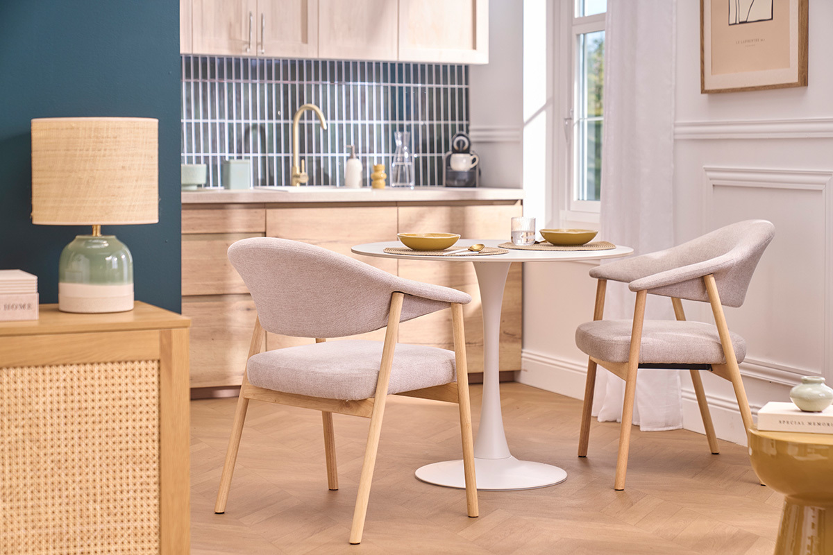 Stuhle aus Stoff mit strukturiertem Velours-Effekt beige und hellem Holz (2er-Set) GIULIA