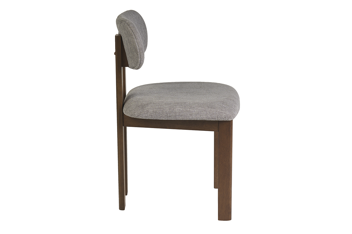 Stuhl aus grauem Stoff und strukturierter Oberfl�che, Seitenansicht mit R�ckenlehne und dunkler Nussbaumholzstruktur.
