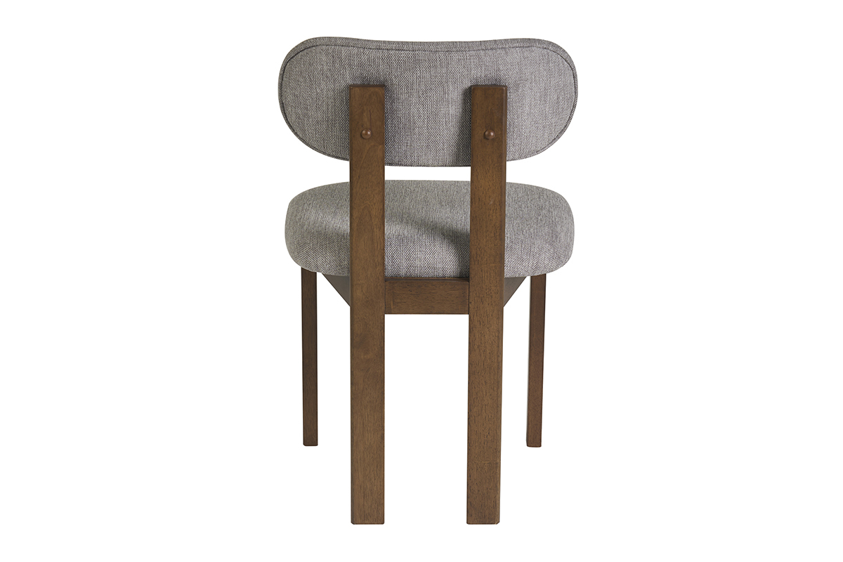 Stuhl NORMI aus grauem Stoff und Nussbaumholz, R�ckansicht, modernes Vintage-Design.
