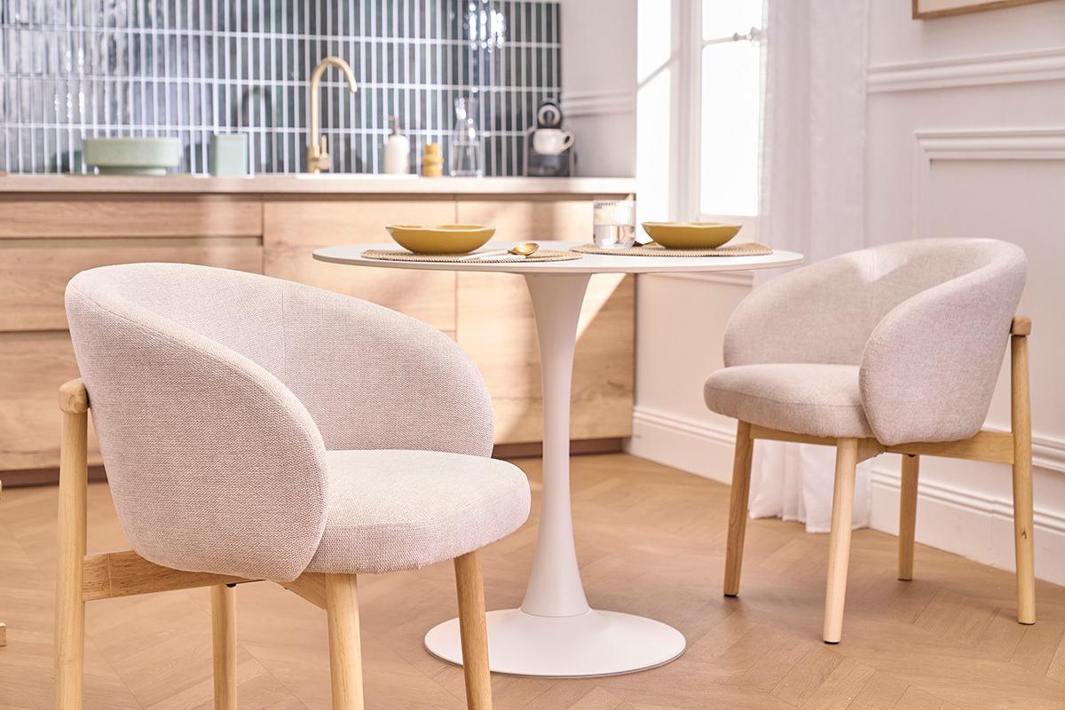 St�hle aus Stoff mit Velours-Effekt, strukturierte Optik, Beige und hellem Holz (2er-Set) TORVI