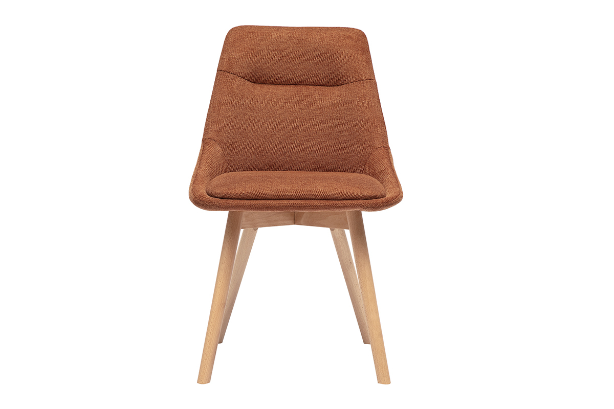 Samt-Effekt Stuhl in gebrannter Erde Farbe mit hellen Holzbeinen, Frontansicht.