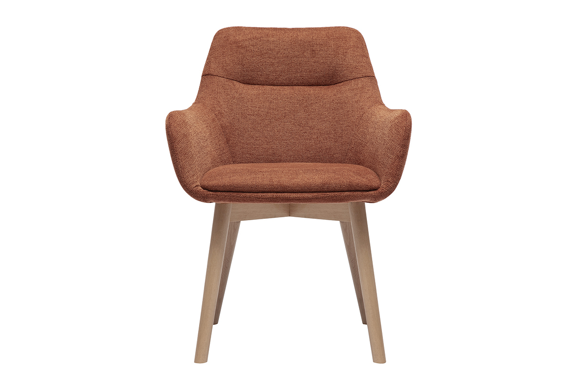 Stuhl ALESS von vorne gesehen, Stoff mit Samteffekt in gebrannter Erde, helle Holzbeine.