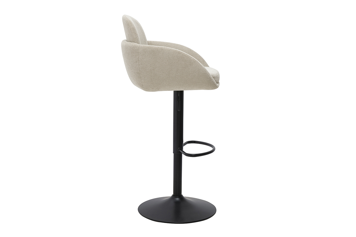 H�henverstellbarer Barhocker mit 360� drehbarer Sitzfl�che aus beigem Stoff, Seitenansicht, mit schwarzem Metallfu�.