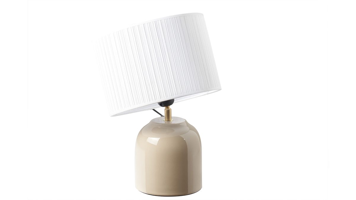 Taupefarbene Tischlampe aus glnzender Keramik und Lampenschirm aus weiem Plissee-Stoff H35 cm PIEGA