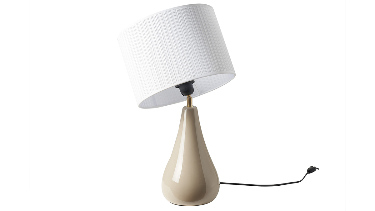 Taupefarbene Tischlampe aus glnzender Keramik und Lampenschirm aus weiem Plissee-Stoff H49 cm TROIA