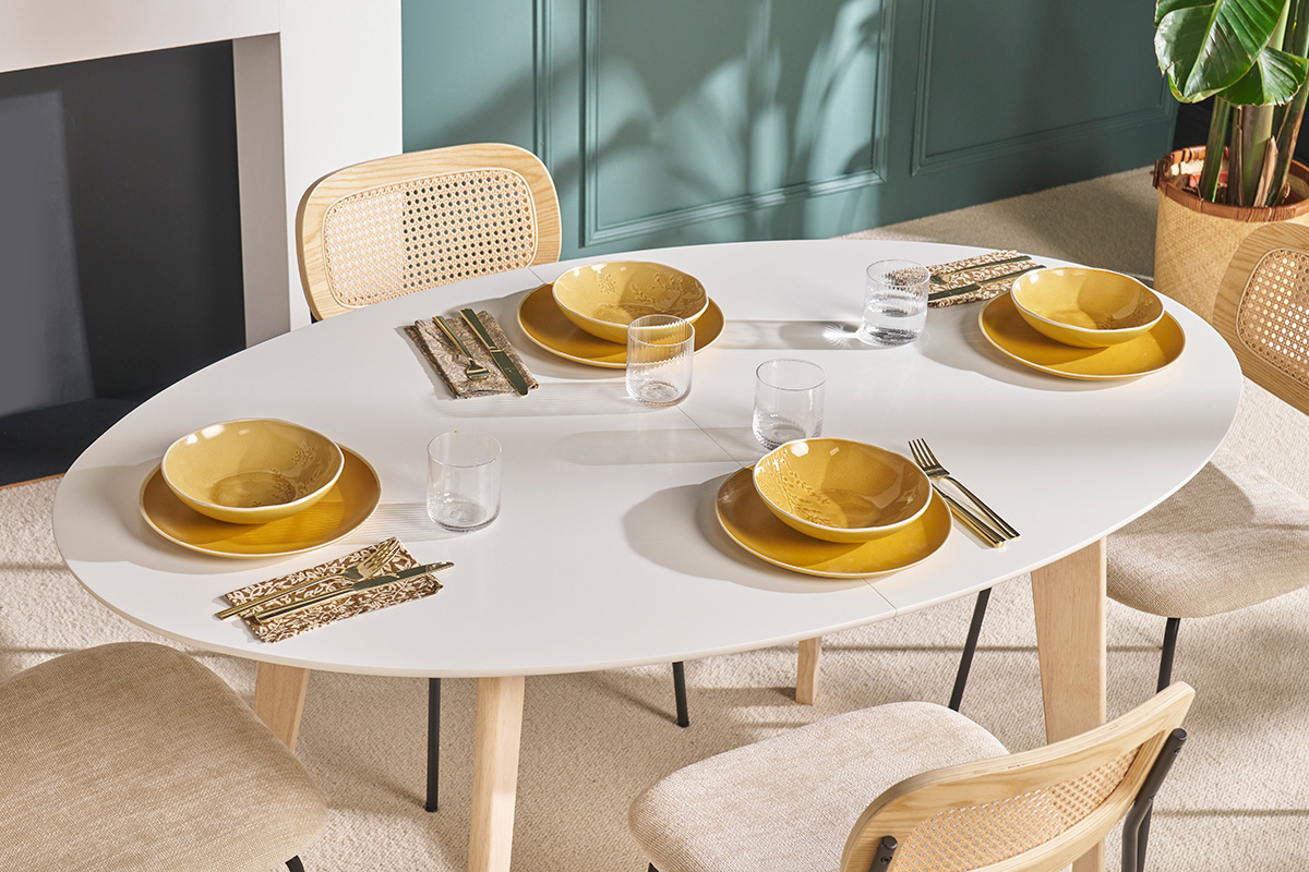 Tisch ausziehbar oval Wei und helles Holz L150-200 LEENA