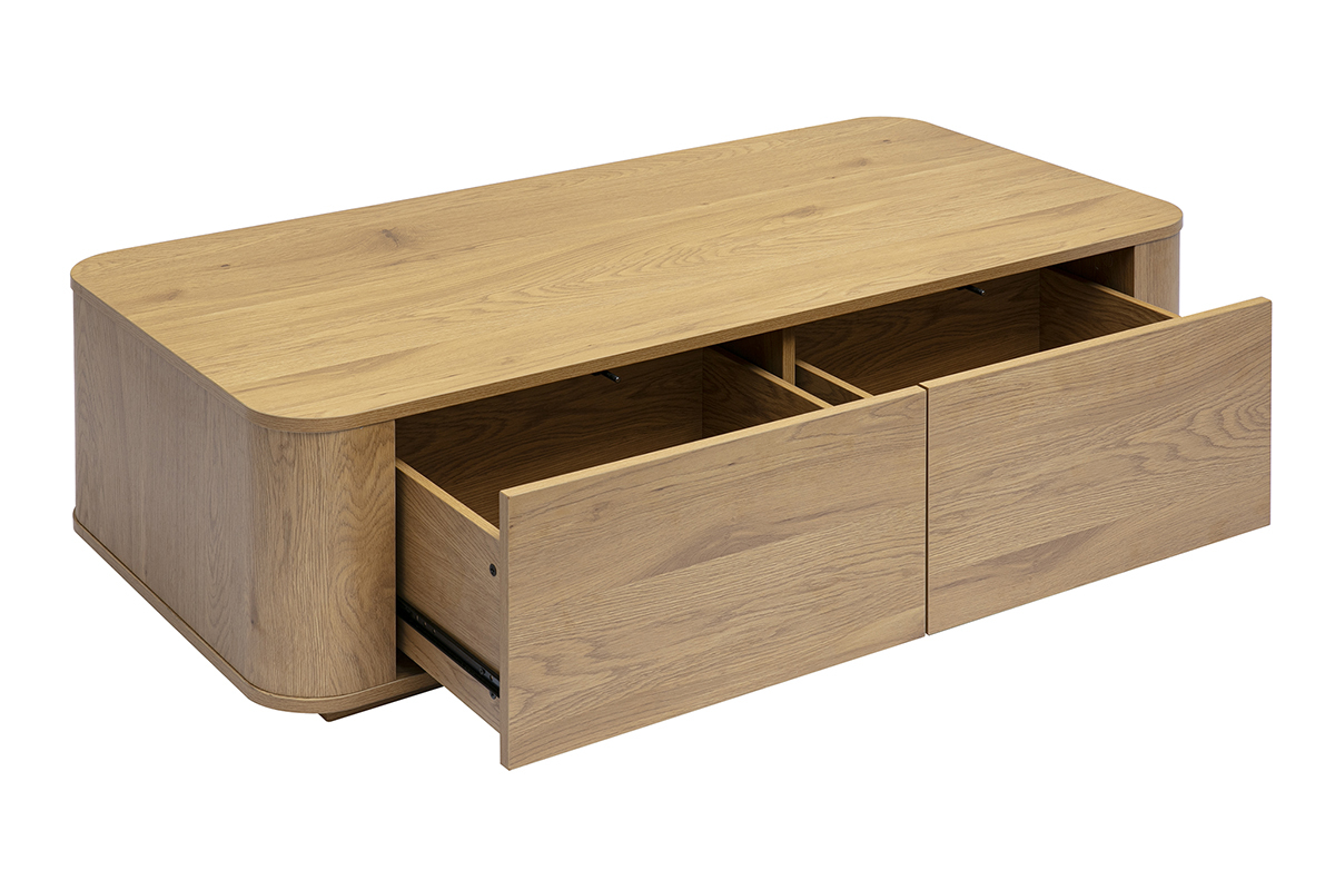Rechteckiger Couchtisch aus hellem Holz, Eiche, mit 2 offenen Schubladen, Ansicht aus 3/4-Perspektive