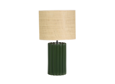 Tischlampe aus glasierter Keramik in Dunkelgr&uuml;n mit Lampenschirm aus Rabanaholz H50 cm CANELLA