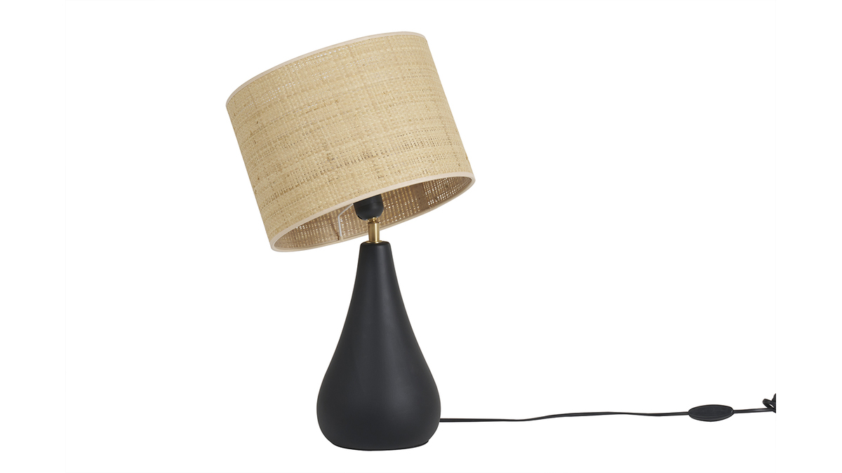 Tischleuchte aus emaillierter Keramik in Schwarz mit Lampenschirm aus Bast H49 cm PYRUS