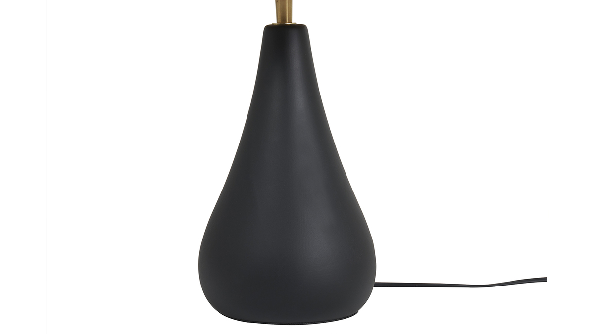 Tischleuchte aus emaillierter Keramik in Schwarz mit Lampenschirm aus Bast H49 cm PYRUS