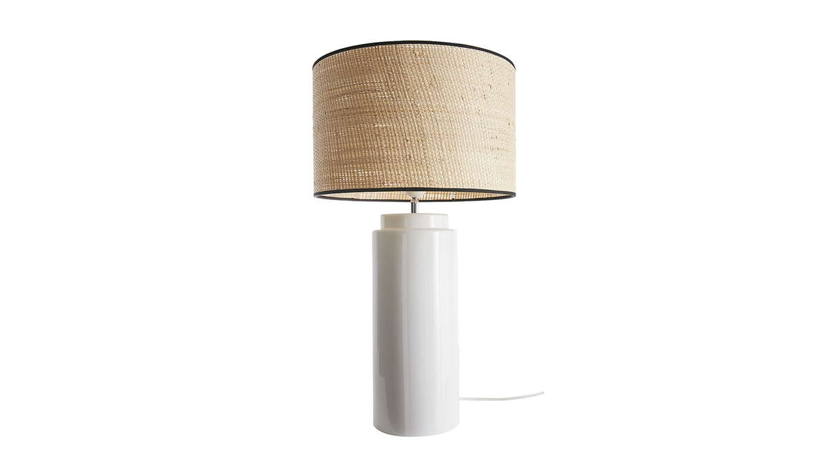 Tischleuchte aus emaillierter Keramik in Weiß mit Lampenschirm aus naturfarbenem Bast H64 cm MAJES