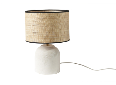 Tischleuchte aus Keramik mit Steineffekt in Weiß und Lampenschirm aus Bast H35 cm ROCHA