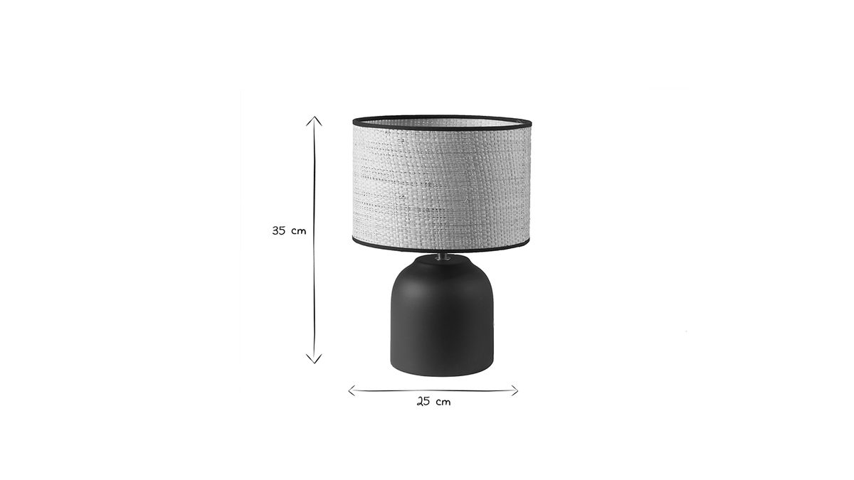 Tischleuchte aus matter Keramik in Schwarz mit Lampenschirm aus Bast H35 cm ROCHA