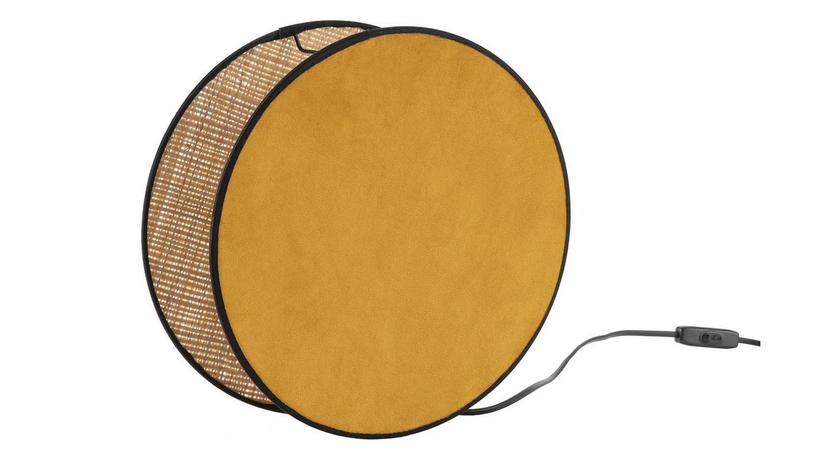 Tischleuchte aus zwei Materialien gelber Samt und Bast D 35 cm VERSO