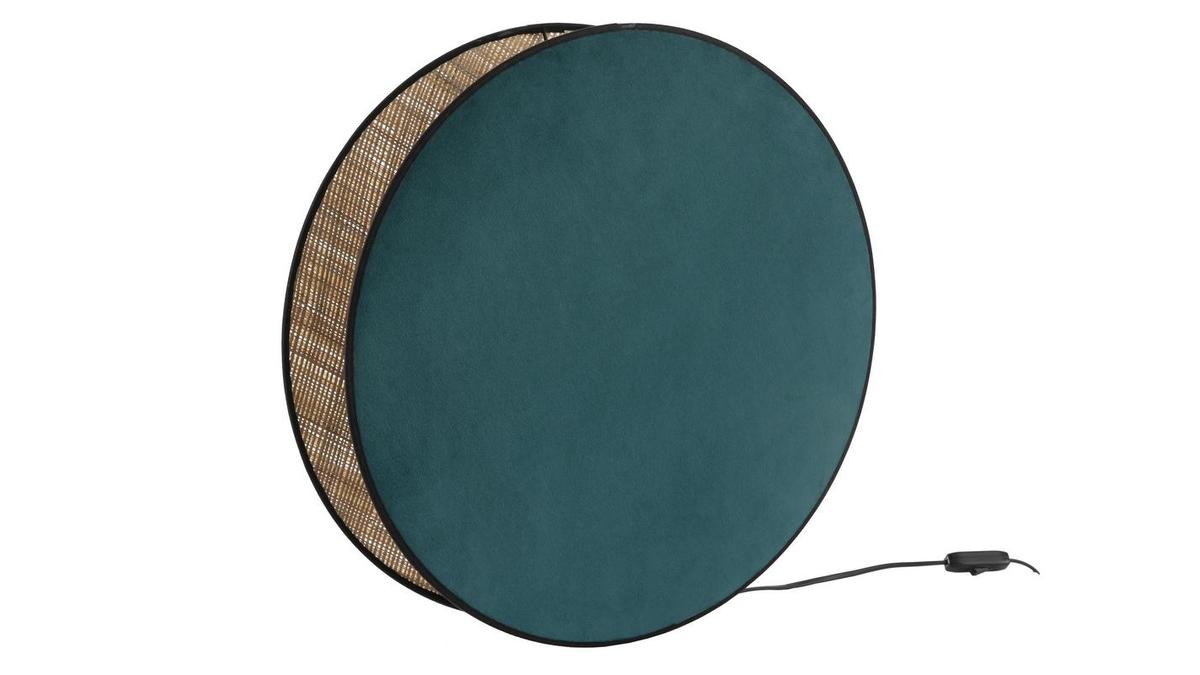 Tischleuchte aus zwei Materialien pfauenblauer Samt und Bast D 49 cm VERSO