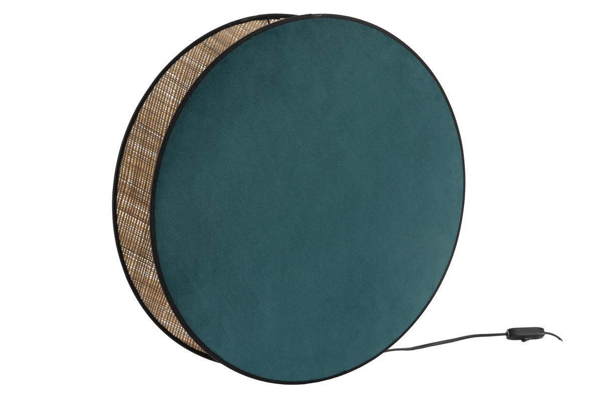 Tischleuchte aus zwei Materialien pfauenblauer Samt und Bast D 49 cm VERSO