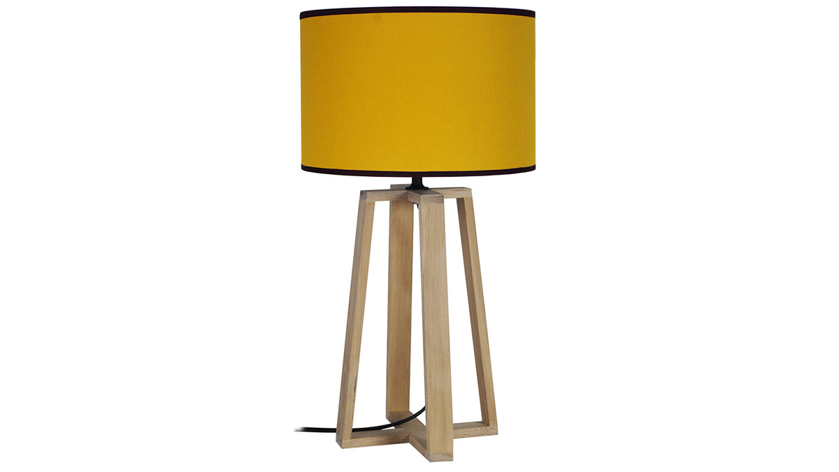 Tischleuchte mit gekreuzten Holzbeinen und gelbem Lampenschirm MANON
