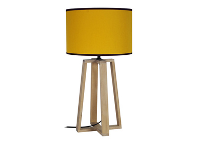 Tischleuchte mit gekreuzten Holzbeinen und gelbem Lampenschirm MANON