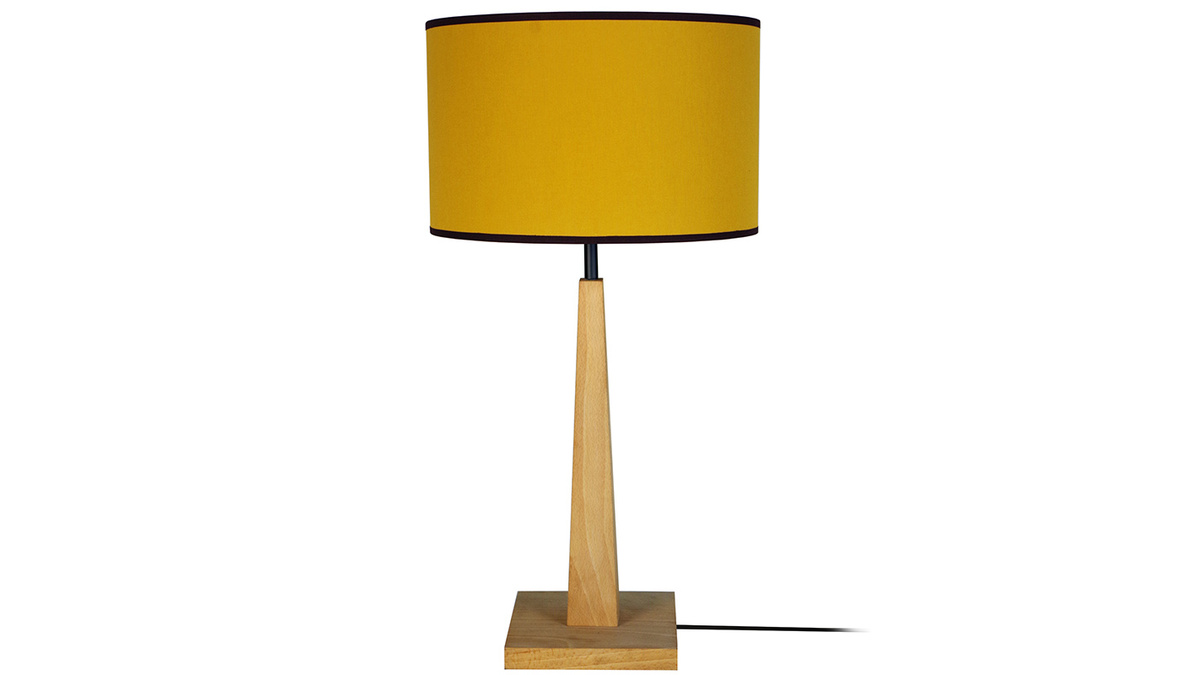 Tischleuchte mit gelbem Lampenschirm und hellem Holzsockel NIDRA