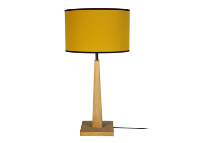 Tischleuchte mit gelbem Lampenschirm und hellem Holzsockel NIDRA