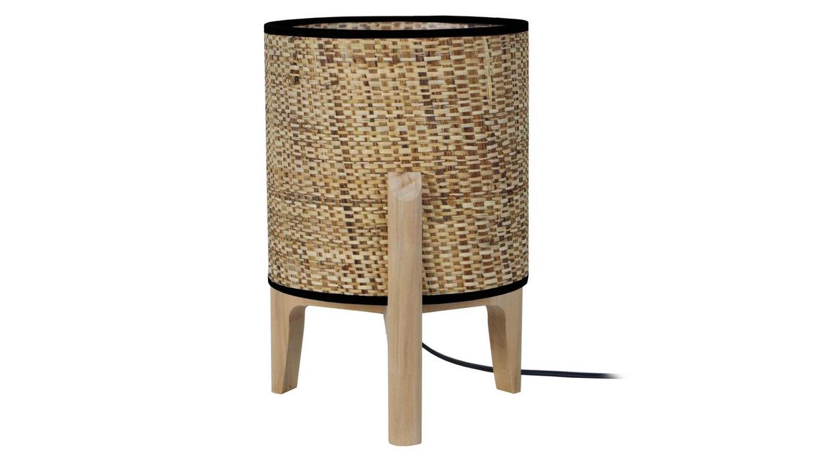 Tischleuchte mit Lampenschirm aus Jute und naturfarbenem Holzbein H 30 cm ALPHA