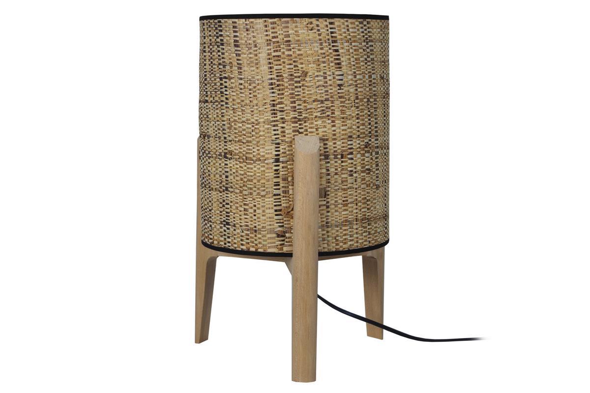 Tischleuchte mit Lampenschirm aus Jute und naturfarbenem Holzbein H 45 cm ALPHA