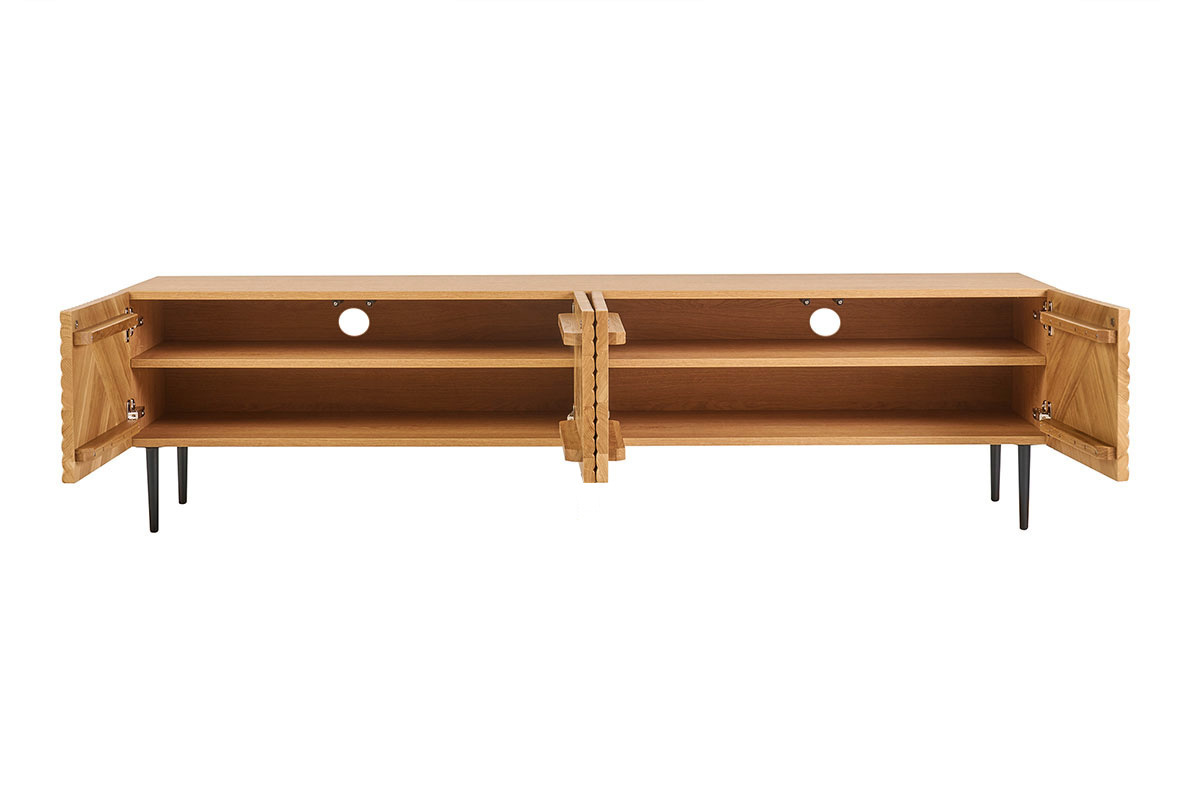 TV-Design aus hellem Eichenholz und schwarzem Metall mit Gravur und 4 Tren L180 cm ARCHIPEL