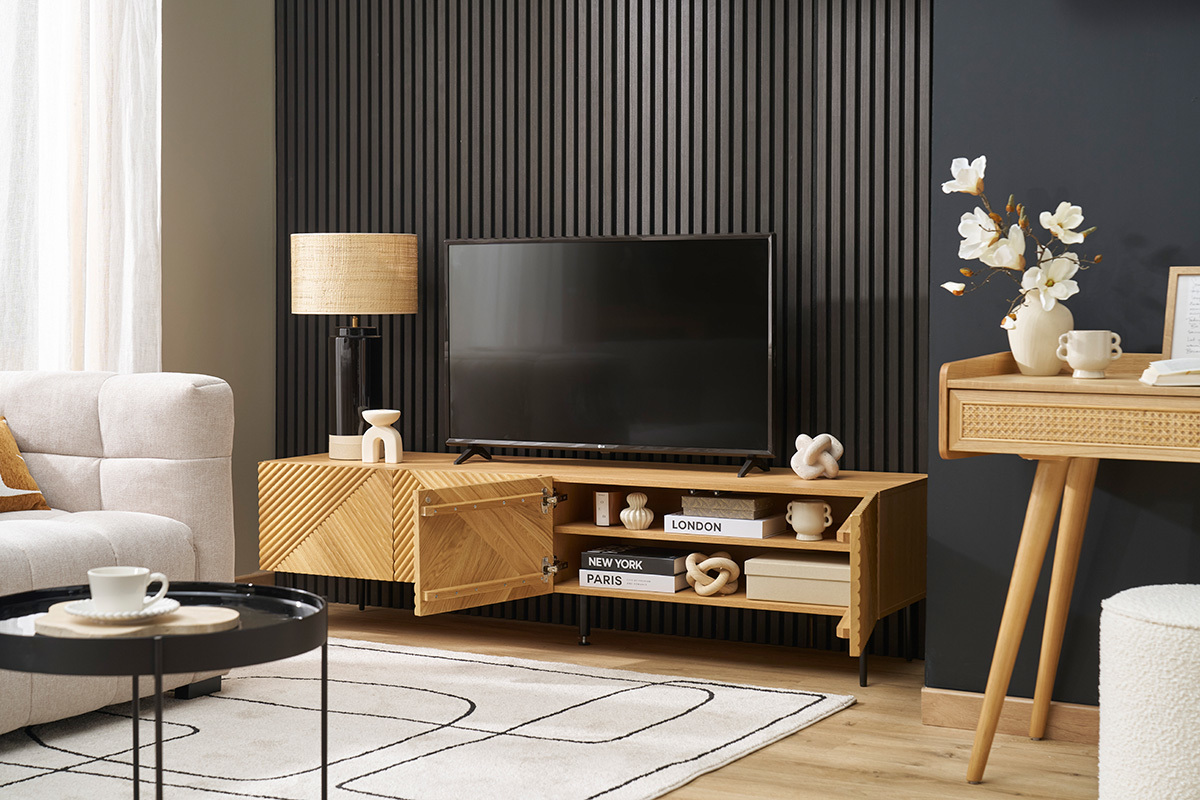 TV-Design aus hellem Eichenholz und schwarzem Metall mit Gravur und 4 Tren L180 cm ARCHIPEL