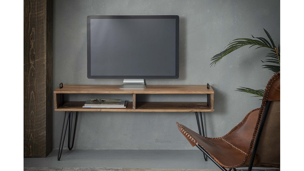 TV-Möbel aus Akazienholz und schwarzem Metall ALVIN