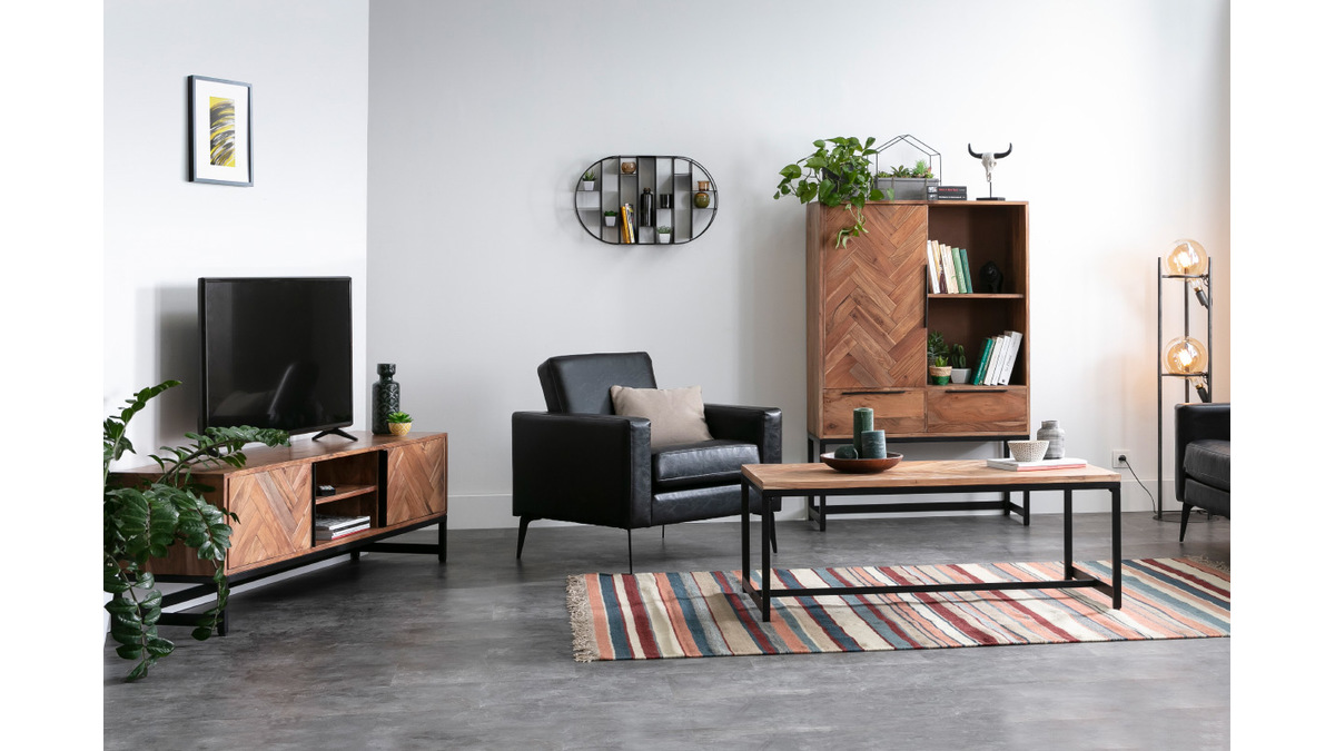 TV-Möbel aus Akazienholz und schwarzem Metall STICK
