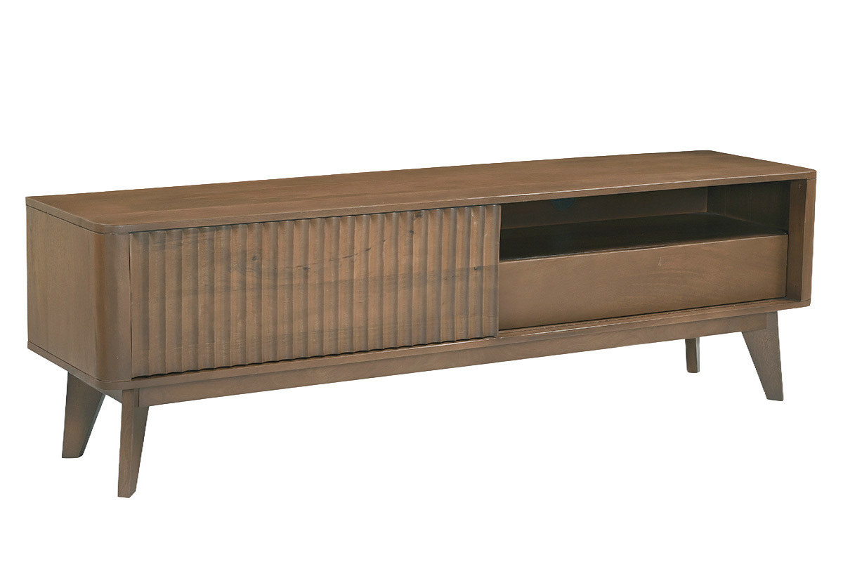 TV-M�bel aus massivem dunklem Mangoholz mit Schiebet�r, 3/4-Ansicht