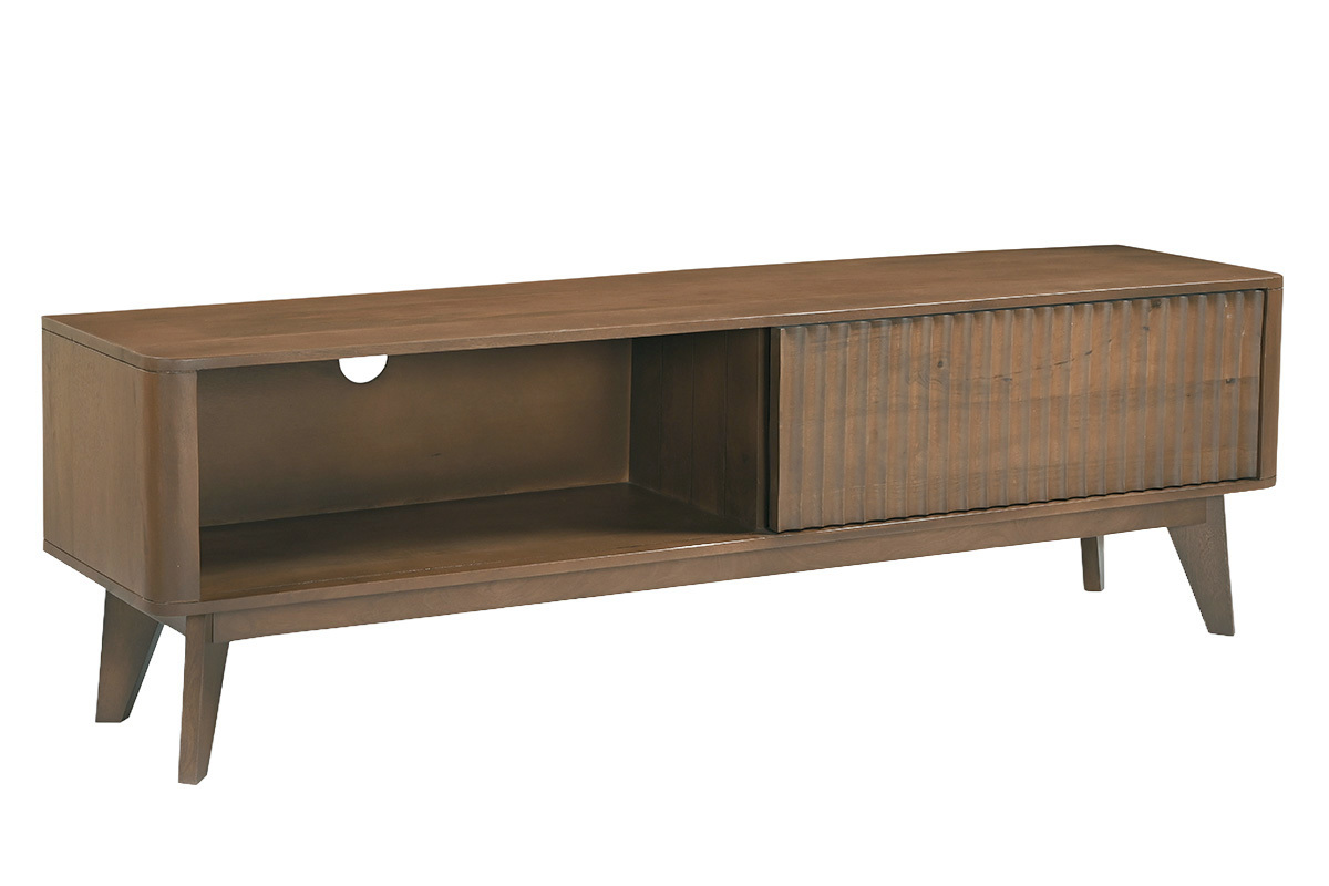 TV-M�bel aus massivem dunklem Mangoholz mit Schiebet�r in 3/4-Ansicht, L160 cm