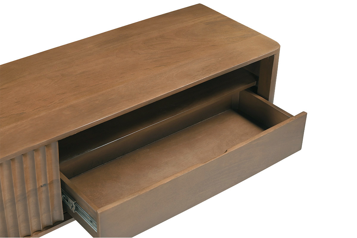 Fernsehschrank aus massivem dunklem Mangoholz mit Schublade, Draufsicht