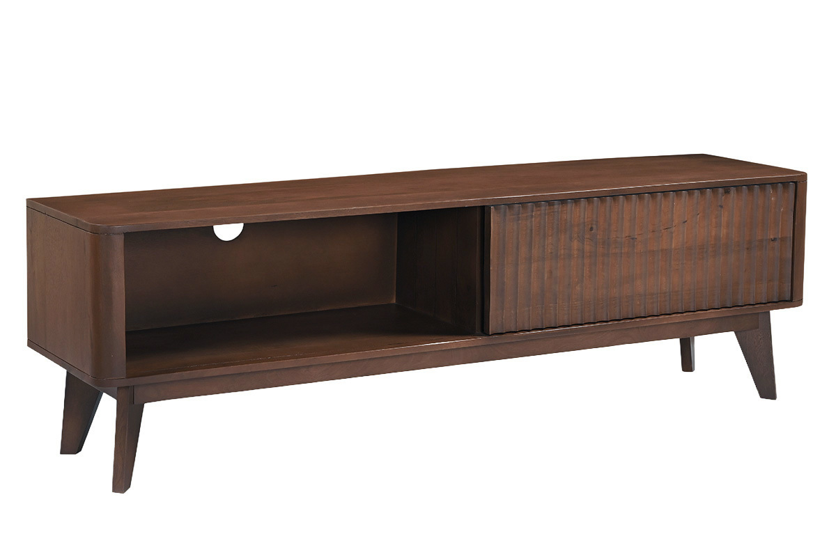 TV-M�bel aus massivem dunklem Mangoholz mit Schiebet�r, in 3/4-Ansicht, L�nge 160 cm