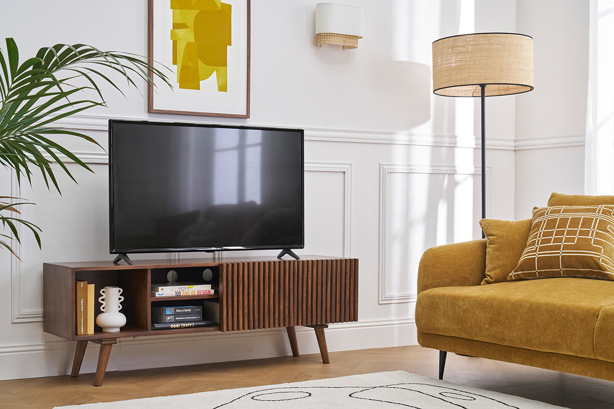 TV-Mbel aus dunklem, massivem Mangoholz mit Schiebetren B140 cm ALBA